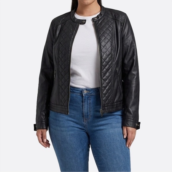 New Look Jackets & Blazers - Quilted Onyx Black Faux Leather Moto Biker Jacket Sleek Collarless 0X Large
